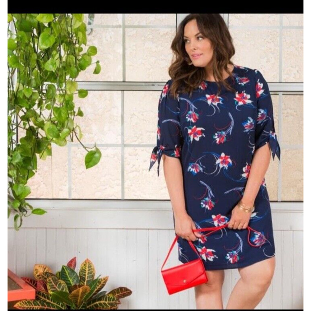Kiyonna Shift Dress 1X Manhattan Style Party Red White Blue Floral Patriotic